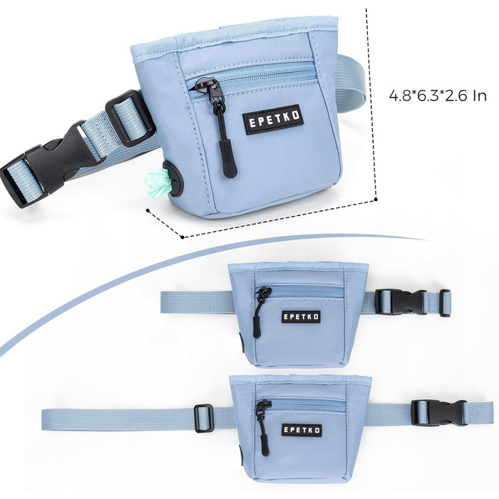 Сумка для ласощів для собак з металевим кліпом для пояса, міцна застібка-магніт, велика місткість, диспенсер для пакетів для вигулу (Світло-блакитний)