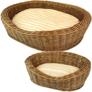 Ліжко для собак та котів, плетене з лози, кругле, з стьобаним подушкою в смужку, розмір M, коричневе