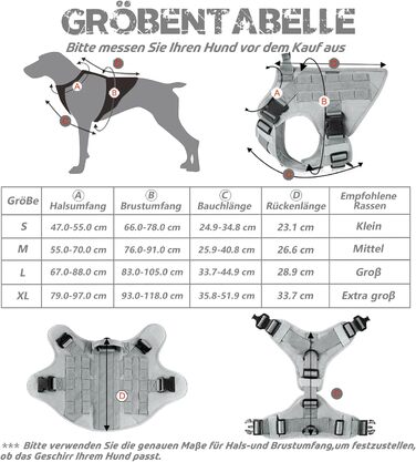 Шлейка для собак Rabbitgoo великих порід, без натягу, тактична з MOLLE, металеві пряжки, дихаюча, військова, регульована, з підкладкою, сіра, L (1 шт.)