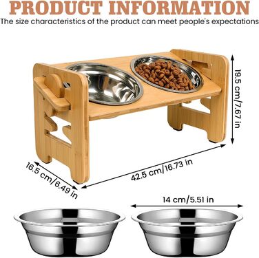 Підвищена годівниця для собак з підставкою, регульована висота, 2 миски з нержавіючої сталі, протиковзна, для маленьких собак та котів