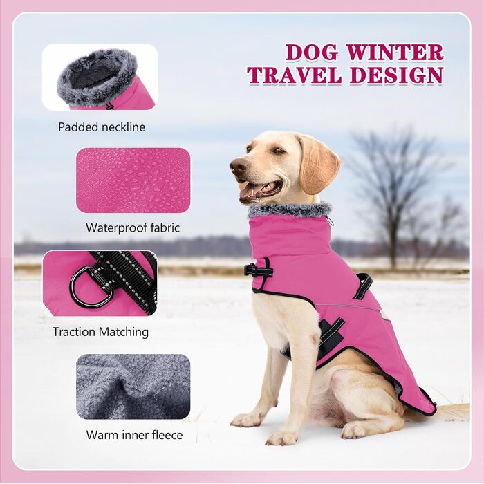 PAWIVID Водонепроникний зимовий одяг для собак - вітрозахисна куртка з шлейкою та карабіном для маленьких, середніх та великих собак. Підходить для прогулянок та походів на відкритому повітрі (Рожево-червоний, M)