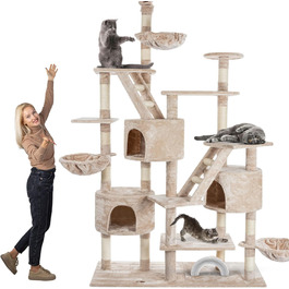 Високий килимок-дерево для котів HAPPYPET SAM 260 см, XXL, бежевий, для кількох котів, стійкі стовпи 8 см, лежанки, будиночки, аксесуари