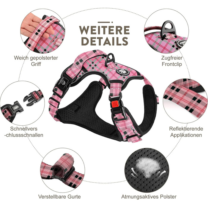 Шлейка для собак середнього розміру FURRYFECTION, анти-виривання, зручна, регульована, з шнуром (Plaid Rosa, M)