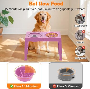 Набір мисок для собак X XBEN 3-в-1: миска для води з захистом від пролиття 1.4L, миска від захлистування 1L, годівниця з 5 рівнями регулювання висоти для середніх та великих собак, нековзна годівниця, рожевий колір