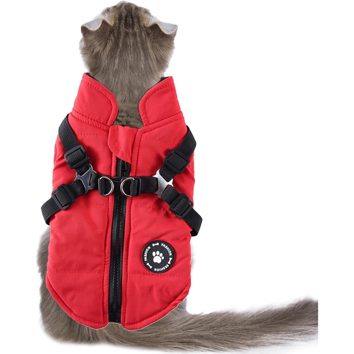 Водонепроникна куртка для собак з повдцем та кільцями D - тепла собача куртка на блискавці для маленьких собак (червона, L)