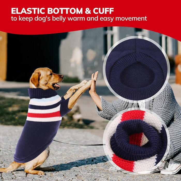 Теплий собачий светр з смугами, зимовий в'язаний одяг з еластичними ремінцями для ніг, м'який акриловий светр для собак маленьких, середніх та великих порід, розмір S, блакитний