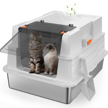 Закритий лоток-туалет для котів з нержавіючої сталі FURTIME XL з кришкою, високими бортами, килимком та контейнером для сміття, сріблястий (70 x 51 x 42 см)