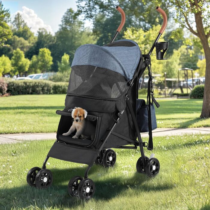 Візок для собак та котів DWVO, 11.3 кг, складаний, з подушкою та кошиком для зберігання, блакитно-чорний (45x80x103 см)