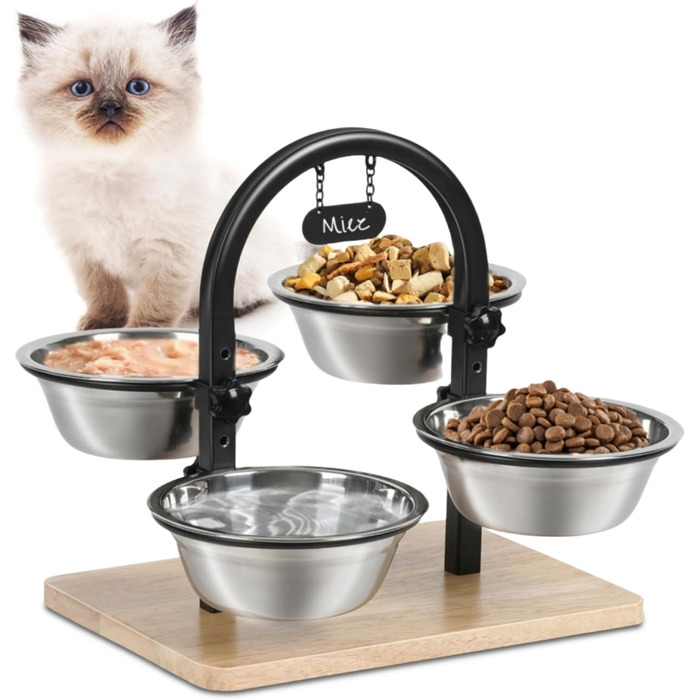 Підвищений годівниця для котів JUJOYBD з 4 нержавіючими мисками, регульована висота, станція годування, миски для їжі та води для котів та маленьких собак