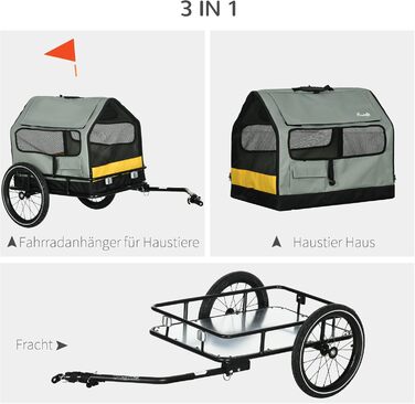 PawHut 3-в-1 причіп-візок для собак до 10 кг, велосипедний причіп, будка для домашніх тварин, оксфорд, сірий, з відбивачами