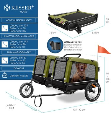 KESSER® причіп-візок для собак Boxer 3в1, велосипедний, прогулянковий, 240 л, 600D Оксфорд, амортизований, до 40 кг, з тримачем для напоїв