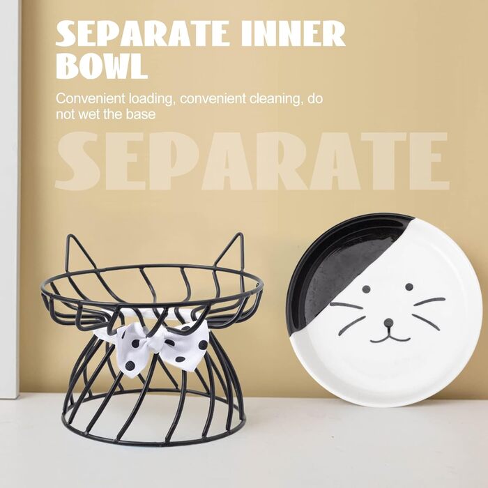 Керамічна миска для котів з металевим підставкою, піднята миска для котів Anti-Erbrechen, плоска керамічна миска для корму та води для котів та маленьких собак (Чорний)