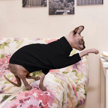 В'язаний жилет для безшерстих котів з високим коміром, чорного кольору. Дихаючий одяг для Sphynx, Cornish Rex, Devon Rex, Peterbald. Теплий пуловер-піжама для котів.