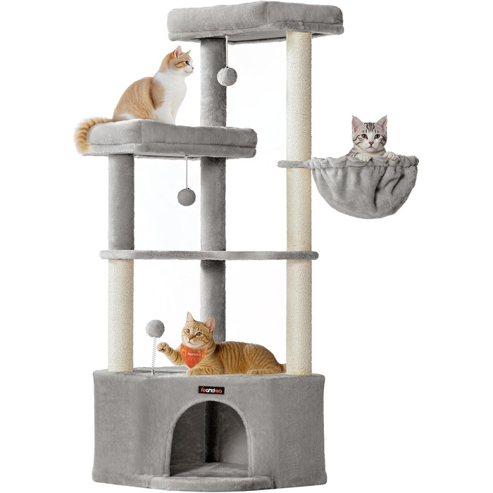 Дряпка для котів Feandrea, кігтеточка з лежаком, платформами та іграшками, 140.7 см, сірий PCT009G01