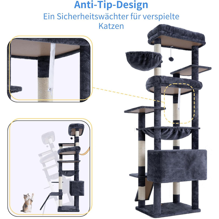 Драбина-будинок для котів Heybly HCT038W (Сірий) - 202 см з 2 платформами, будиночком, гамаком та сизалевим стовпом