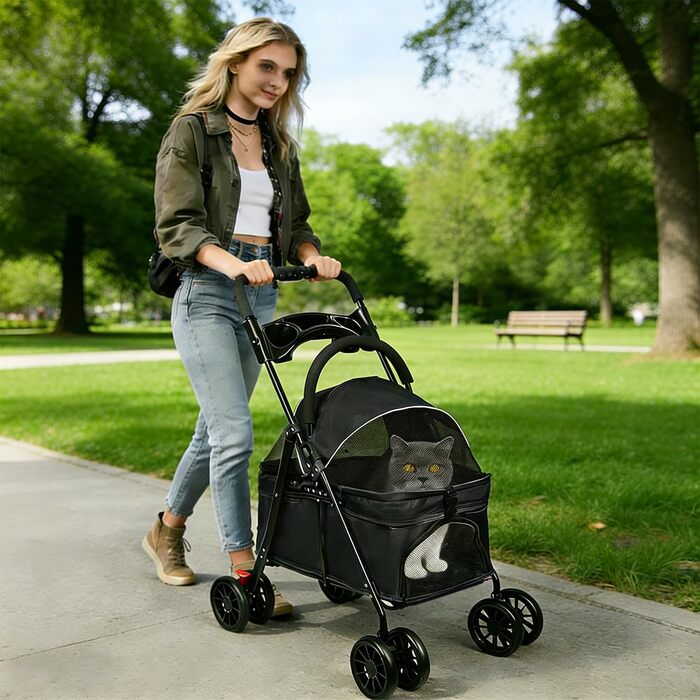 Дитяча коляска для собак та котів Homewell, складана, до 20 кг, з сумкою та підсклянником (Чорний)