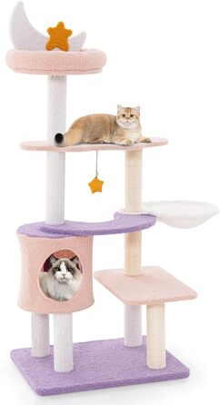 Кігтеточка для котів COSTWAY з будиночком, гамаком та іграшками, фіолетово-рожева (59x49x140 см)