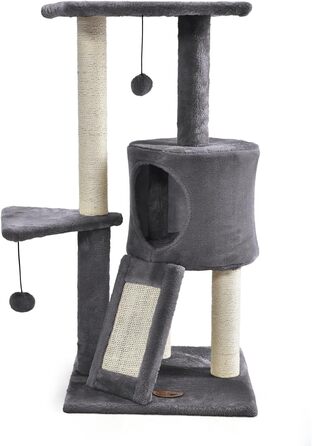 Дряпак для котів PATAM з сизалю, котяча печера та пандус, посилена основа, легка збірка – висота 83,5 см, іграшки Бежевий (Темно-сірий)