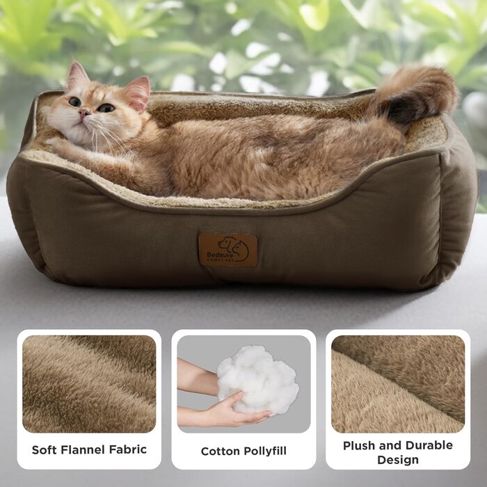 Ліжко для котів BEDSURE велике, миється - 63.5x53 см, неслизьке, для собак та котів, квадратна корзина з м'яким бордюром, (51 x 41 см (Д x Ш), Колір: Коричневий)
