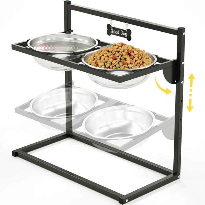 Підвищена годівниця для собак Eaninaz з регулюванням висоти, нахил 10°, 2 нержавіючі миски (1,5 x 2) та безпечна килимок, стабільний підставник для миски (XL)
