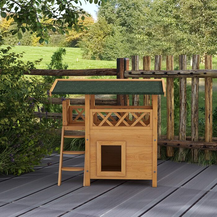 PawHut Cat House 2-поверховий з асфальтовим дахом і балконом, вілла для кішок з масиву дерева зі сходами, натуральна, 77x50x73см| Аосом