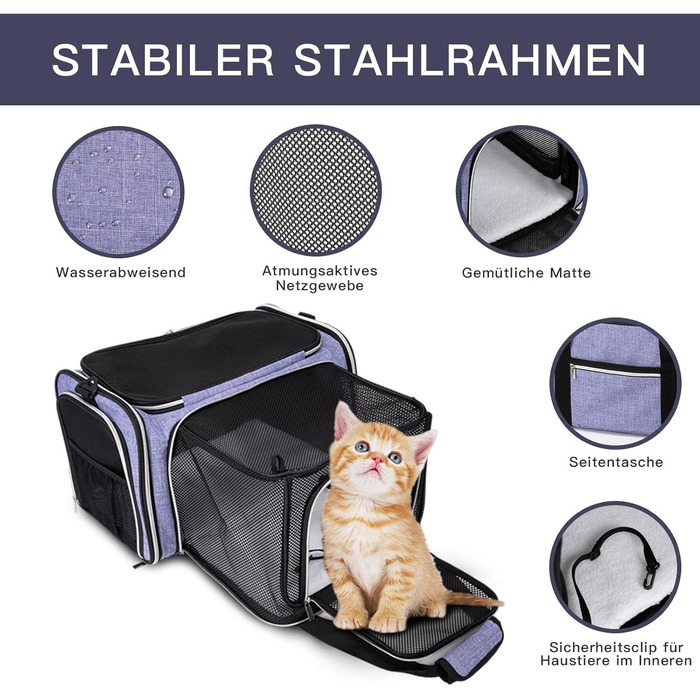 Сумка-переноска для котів та собак BAGLHER (фіолетова L 44x30x29 см) - для авіаперевезень, розширювана, м'яка, з флісовою підкладкою