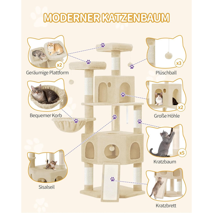 Кігтеточка для котів Hzuaneri, 174 см, XL, 2 платформи, 2 печери, 4 стовпчики, дошка для шліфування кігтів, мотузка з сизалю, плюшеві кульки, для кількох котів, MS17418LG (Бежевий)