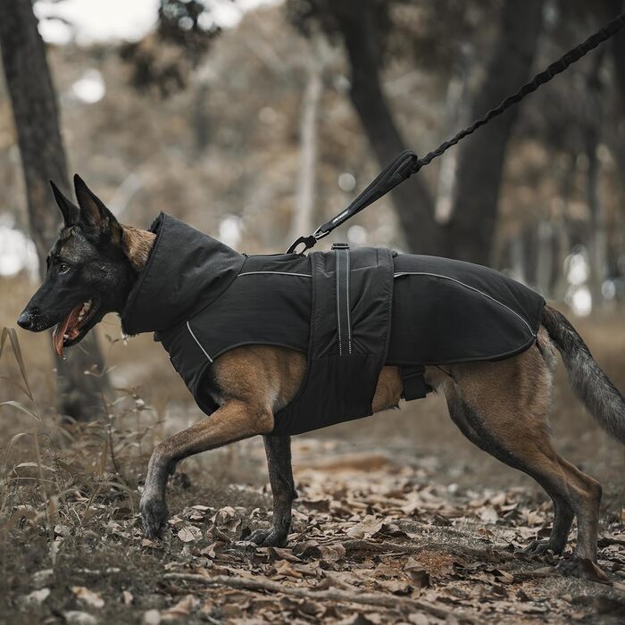 Водонепроникний собачий одяг OneTigris STORMWALL для великих собак, чорний, з флісовою підкладкою та регульованою довжиною, з відбиваючими елементами та коміром з хутра, для прогулянок на природі, розмір L (27-41 кг)