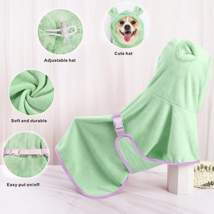 Рушник для собак Mosucoir з мікрофібри, з капюшоном, зелений (M)
