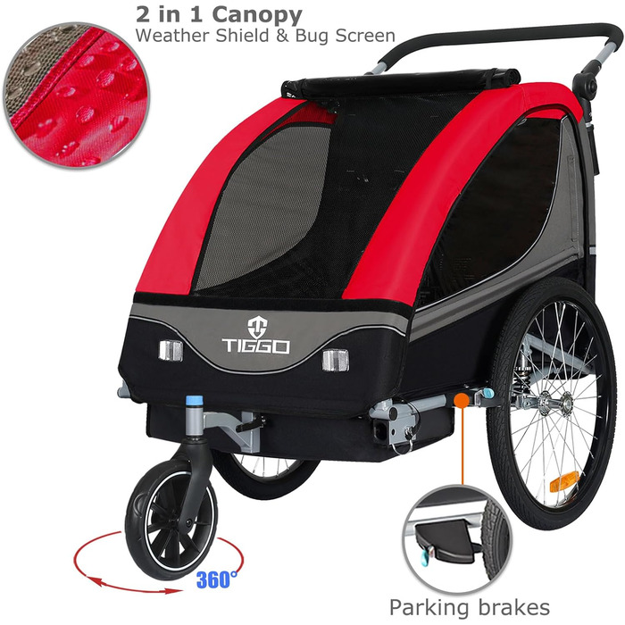 Причіп для дитячої коляски Tiggo S2 з підвіскою, 2-в-1, для бігу та велосипеда, поворотний на 360°, червоний