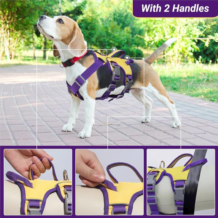 Нашийник для собак від виривання, нашийник-запобіжник з двома ручками та двома карабінами для собак середніх та маленьких порід, цуценят (чорний) з двома передніми карабінами (M, жовтий)