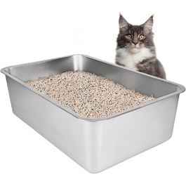 IKITCHEN Великий лоток для котів з нержавіючої сталі (50x35x20 см), туалет для котів та кроликів, без запаху, без плям, антикорозійний, з гладкою поверхнею, з антиковзким гумовим дном, срібний