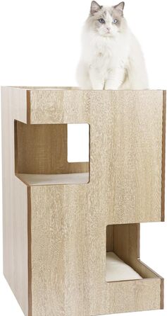Преміум будиночок для кота з дерева, замок-вежа з лежаками, 50 x 50 x 80 см, темно-сірий (бежевий)