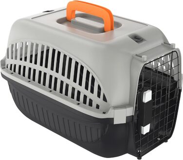 Транспортна переноска для собак та котів Aufun, 48x32x32 см, пластик з металевим ґратом, сіра+чорна
