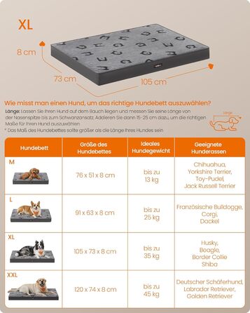 Ліжко для собак Feandrea, XL, 105x73x8 см, водонепроникне, знімний килимок, для середніх та великих собак, сірий