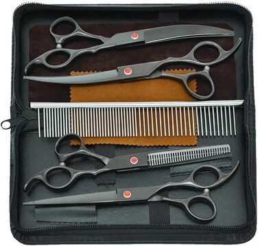 Професійний набір ножиць для грумінгу собак та котів 5 в 1: прямі, вигнуті, розріджуючі ножиці та гребінець для догляду за шерстю