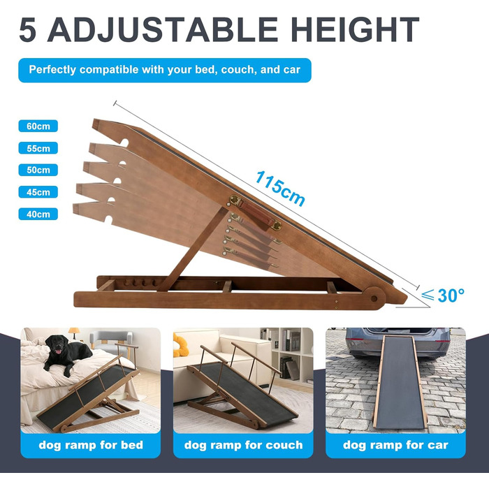 Рампа для собак на ліжко та диван, 5 сходинок, регульована, для маленьких та великих собак (Коричнева, 115 см)