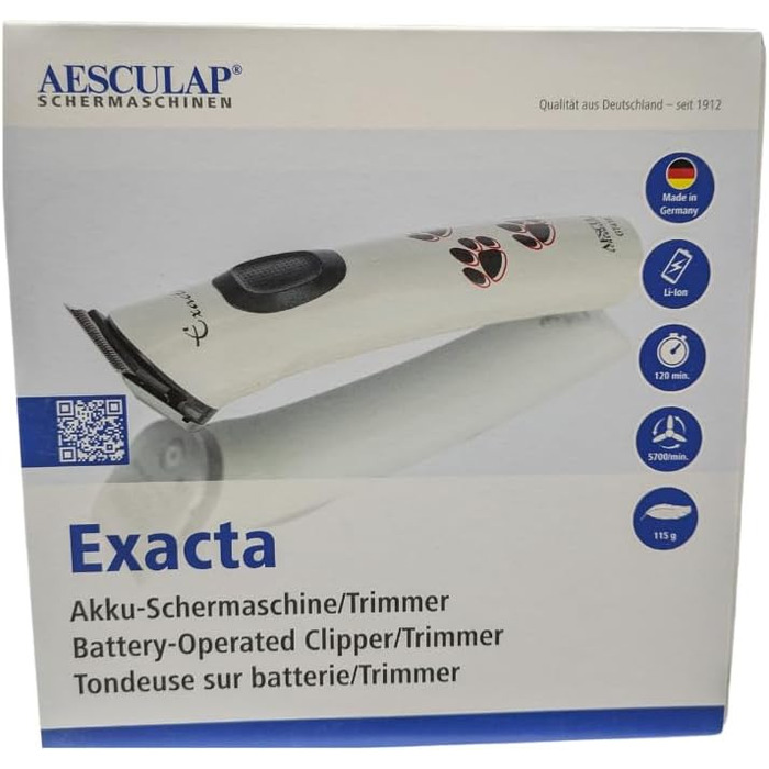 Бездротова машинка для стрижки тварин Aesculap Exacta, нова модель 2019, з потужним Li-Ion акумулятором