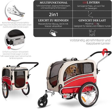 Причеп-біговий візок для собак 2-в-1, до 30 кг, складний, з гальмами, сигнальним прапорцем, для активного відпочинку та дому, червоний