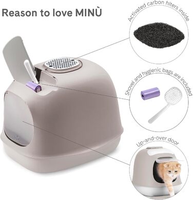 UNITED PETS Minù закрита туалетна кімната для котів з кришкою, лопаткою і фільтром, біло-сіра, італійська якість
