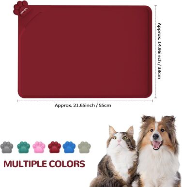 Водонепроникний килимок для годування домашніх тварин з високими бортиками, 55 x 38 см, силіконовий, нековзний, для собак, котів, запобігає розливанню води (Вулкан-червоний)