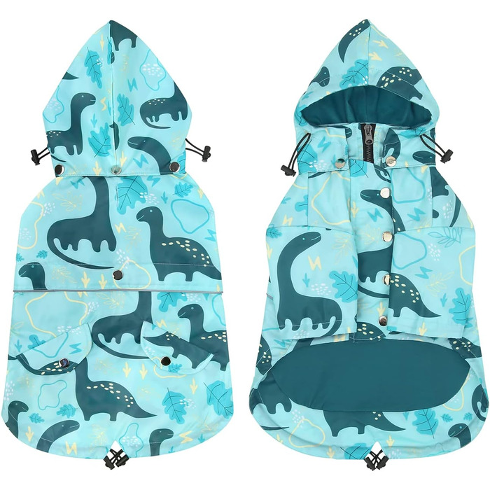 Дощовик для собак HDE, двошаровий, на блискавці, з капюшоном, розмір 3XL, дизайн динозавр