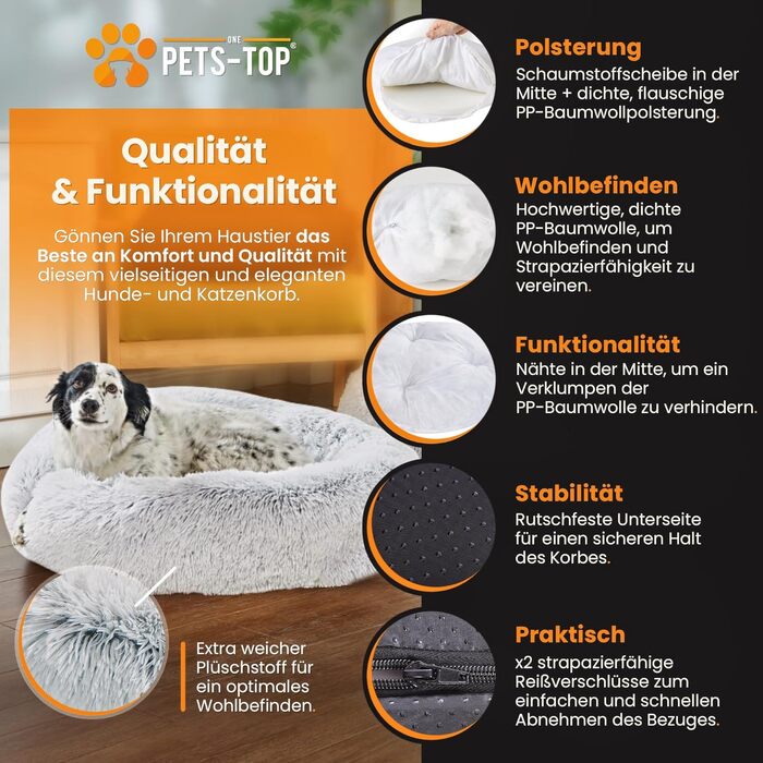 Ліжко для собак і котів PETS-TOP, плюшеве, 60 см, перлово-сіре, знімний чохол, для малих порід
