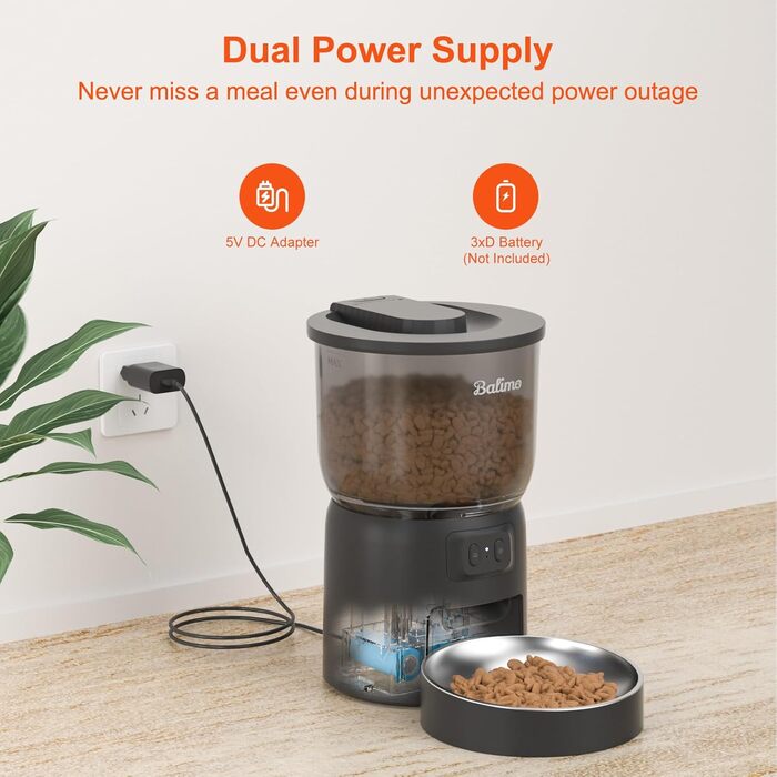 Автоматичний кормушка для котів Balimo 3L з Wi-Fi, керування через додаток, для собак та котів, чорний