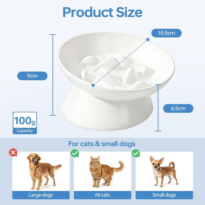 Керамічна миска для котів з підняттям, протиковзаюча, для повільного годування, біла