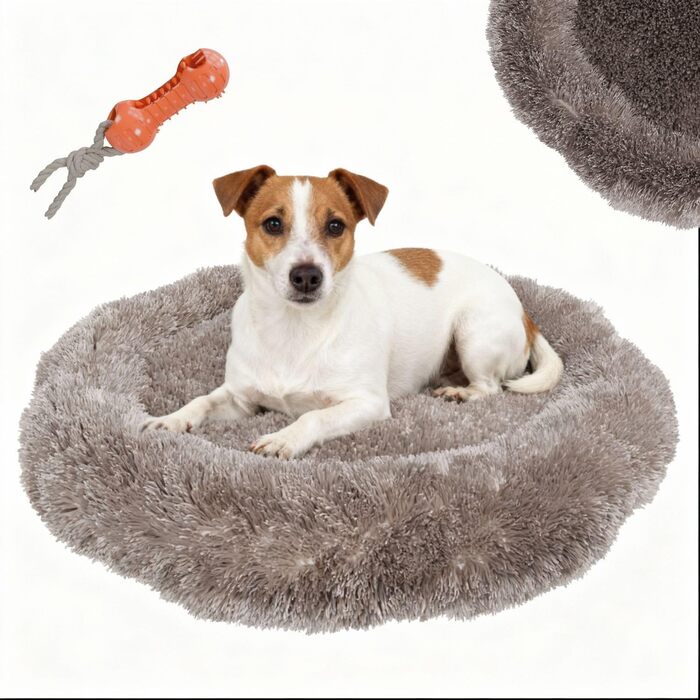 Кругле ліжко для собак Benno® BALU 70x70x16 см, кавовий колір, м'яке ліжко з поліестеру, з поліпропіленовою начинкою, миється, з неслизьким дном, з іграшкою-кісткою