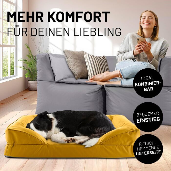 Ортопедичне собаче ліжко Lumaland для відпочинку вдома та на вулиці | 70x60 см | Жовтий | Водонепроникне, з неслизьким дном