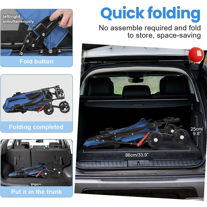 Легкий та складаний переносний візок для собак, блакитний. З сонцезахистом, гальмами та місцем для зберігання (до 10 кг)