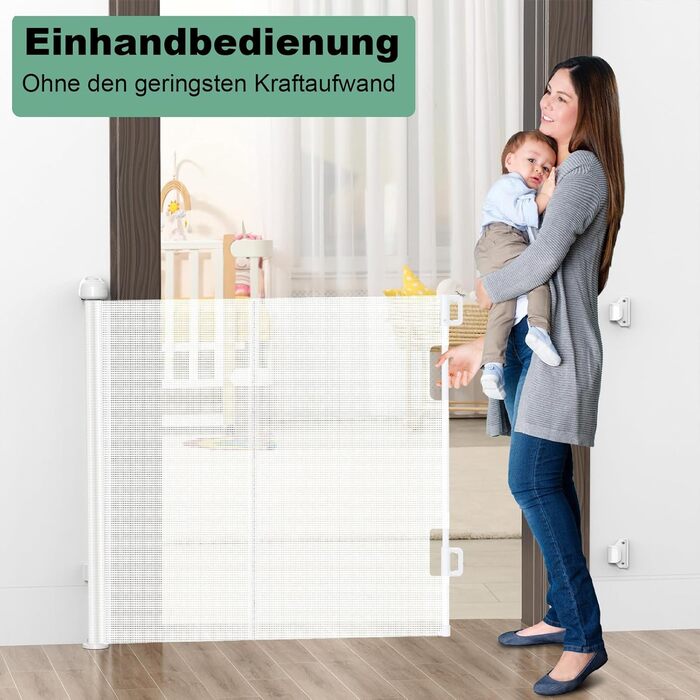 Захист для сходів з замком, розтяжний захист для дітей та собак, ширина 150 см, висота 83 см (140 см/білий, без свердління, автоматичний замок)
