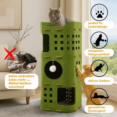 Сучасний котячий комплекс з 4 ярусами та 3 будиночками для котів, фетр, стійка альтернатива котячого будиночка з іграшкою, тихий та компактний (90 см), зелений (35 x 35 x 90 см)